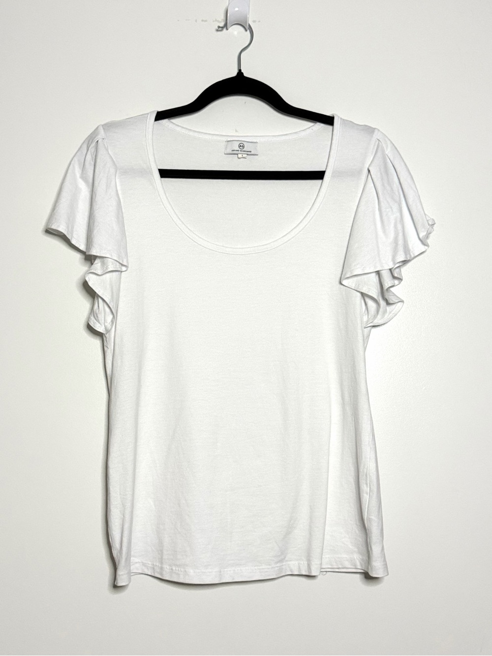 Ag Adriano Goldschmied White Scoop Neck Ruffle Sleeve Tee Small